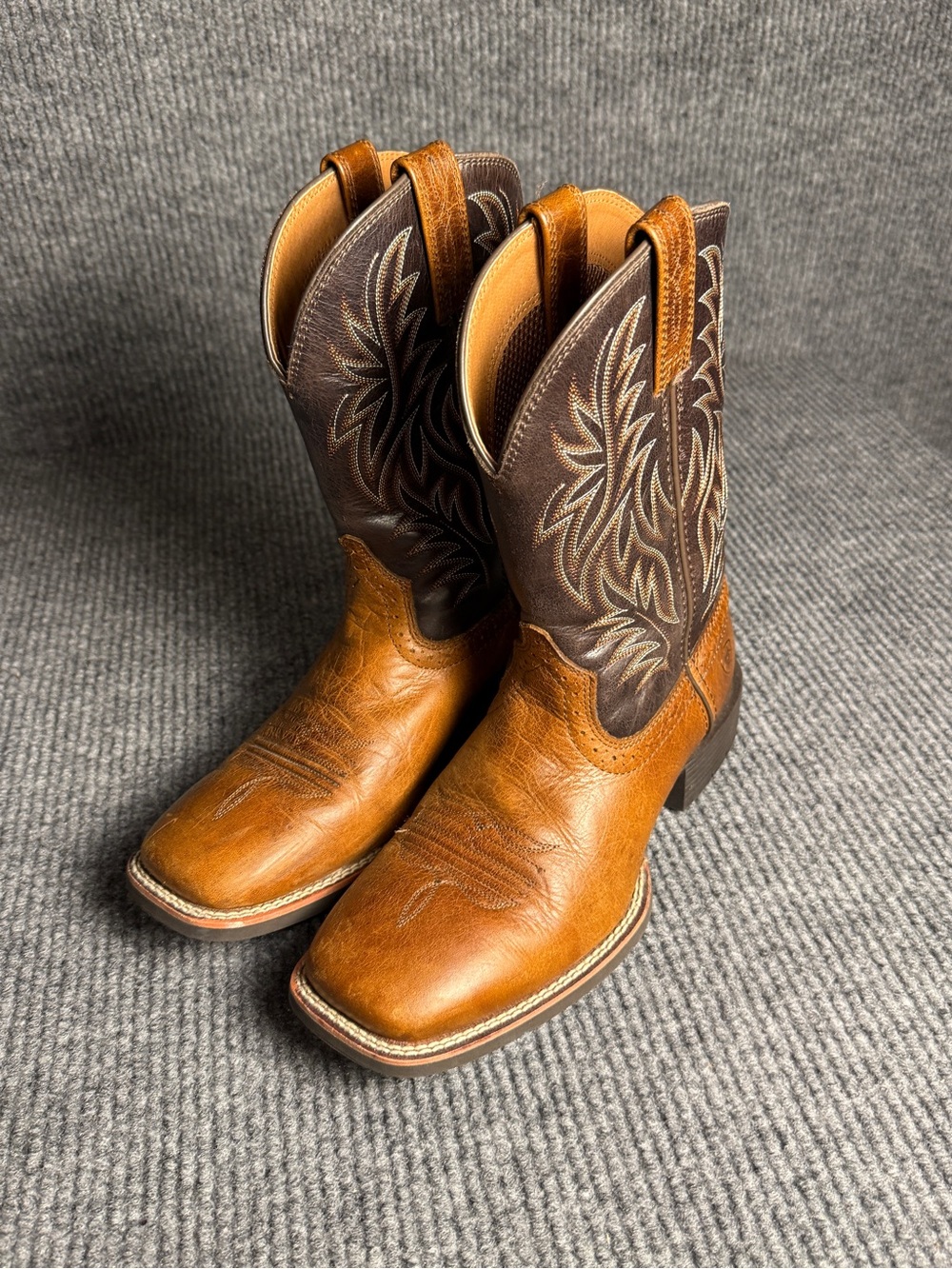 Ariat Sport Western Men’s Size 7.5 Boots Tan & Dark Brown Leather Square Toe - Picture 5 of 12